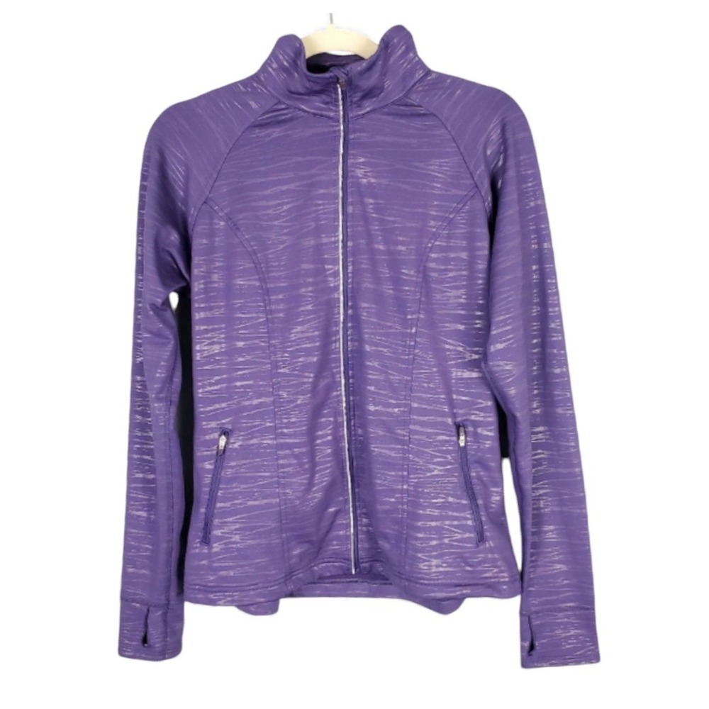 LUCY ACTIVEWEAR Purple Foiled Stripe FULL ZIP KNIT JACKET Reflective Pockets L